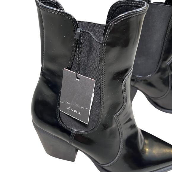 Zara Patent Vegan Leather Slip On Block Heeled Pointed Toe Boots Size 8 NWT - Picture 5 of 8